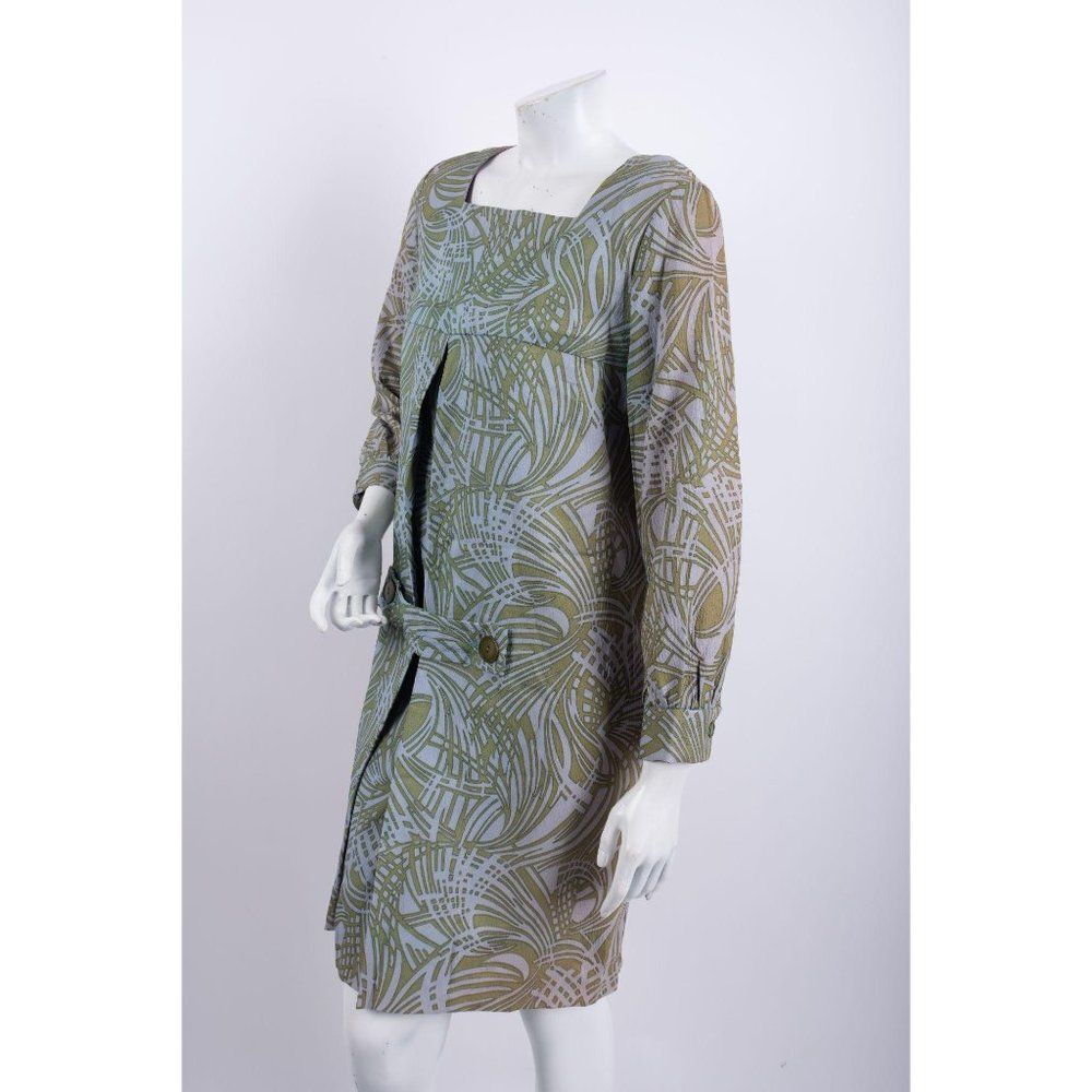 1970's Vintage Barkloth Dress Women's M Blue Green - Picture 3 of 7